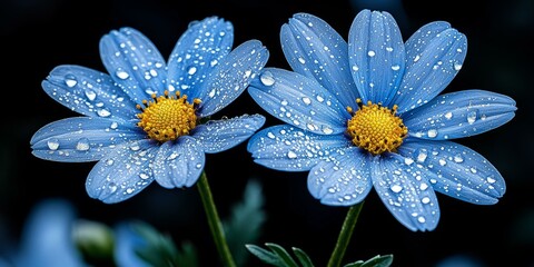 Two beautiful blue flowers adorned with raindrops on a dark background.