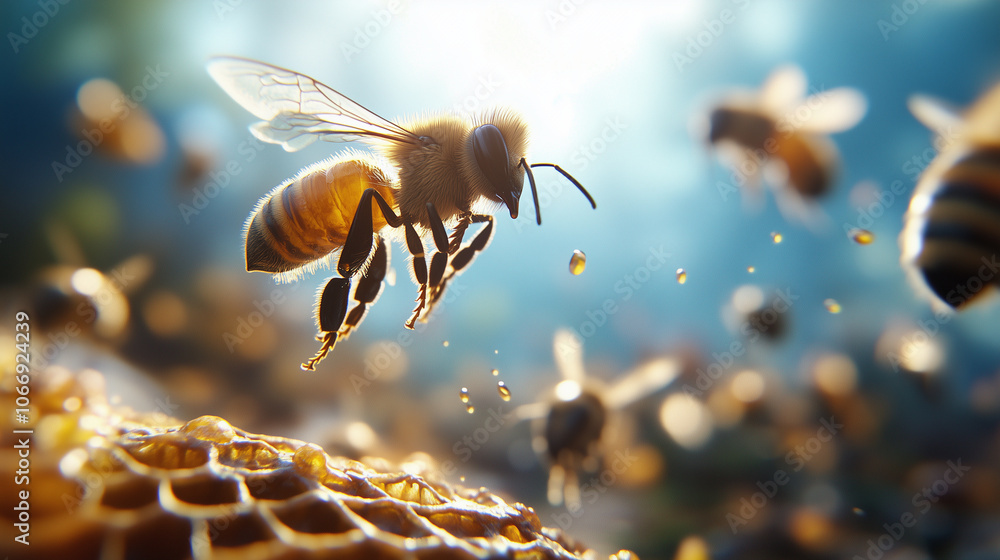 Poster bees carrying nectar hover over a meticulously crafted honeycomb, with the sun illuminating each cel