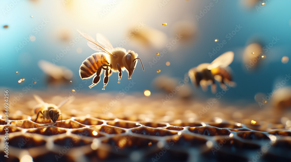 Poster bees carrying nectar hover over a meticulously crafted honeycomb, with the sun illuminating each cel