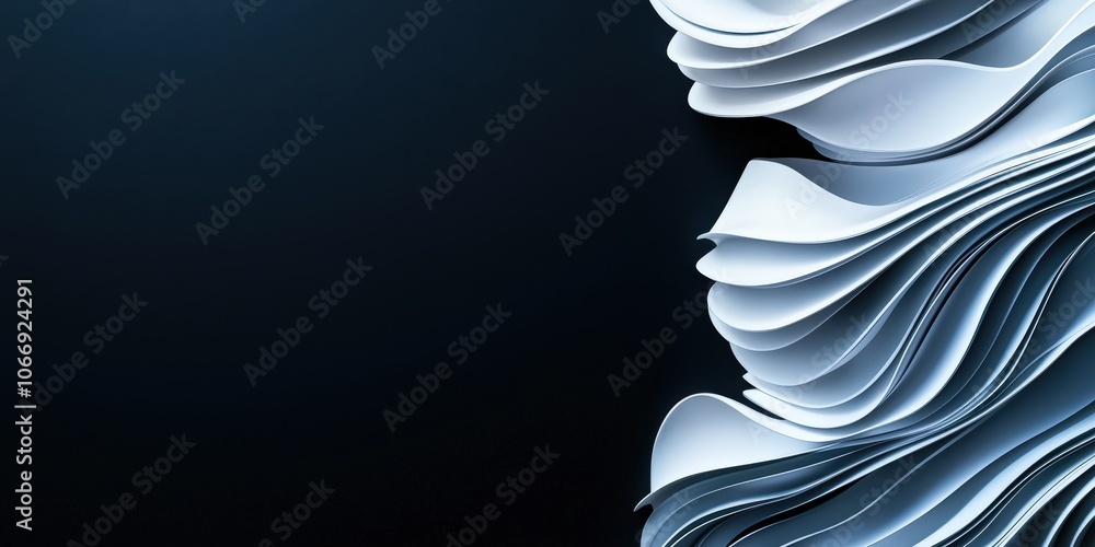 Poster abstract wave pattern in white and blue against a dark background, showcasing depth and texture.