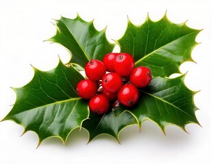 Close-up of holly leaves with red berries on a white background. Generated image