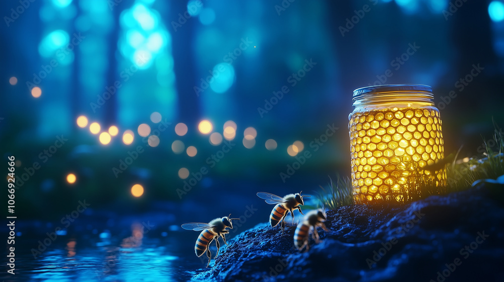 Poster honeybees diligently moving around a glowing honeycomb structure filled with honey, with a soft blue