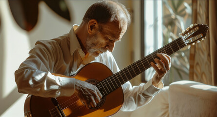 Elderly man playing classical guitar in natural sunlight by the window