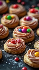 Nostalgic Gem Rose biscuits, each topped with vibrant candy, arranged as a traditional holiday treat perfect for celebrations