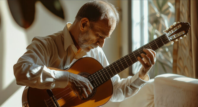 Elderly man playing classical guitar in natural sunlight by the window