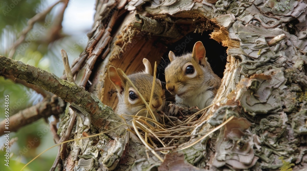 Poster a closeup of a squirrels nest showing the variety of materials used and its location in a tree.