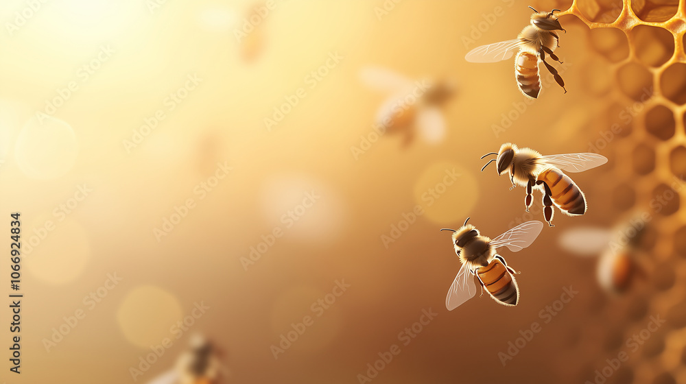 Poster a group of bees buzzing in front of a warm honeycomb pattern, with a clear background area for text 