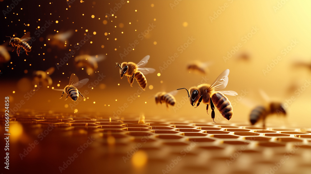 Poster a group of bees buzzing in front of a warm honeycomb pattern, with a clear background area for text 