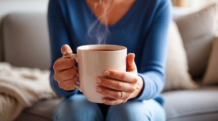 Warm cup of tea held with both hands, steam rising, cozy living room setting, soft lighting