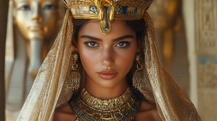 Majestic egyptian queen wearing golden headdress and jewelry