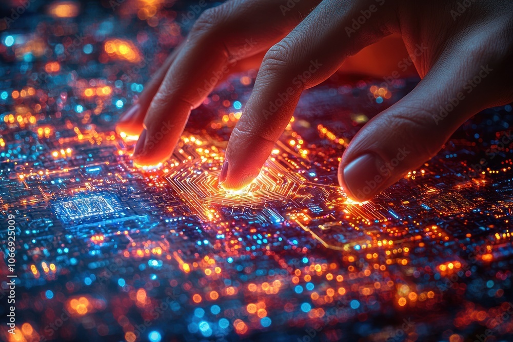 Poster fingers interacting with a glowing circuit board
