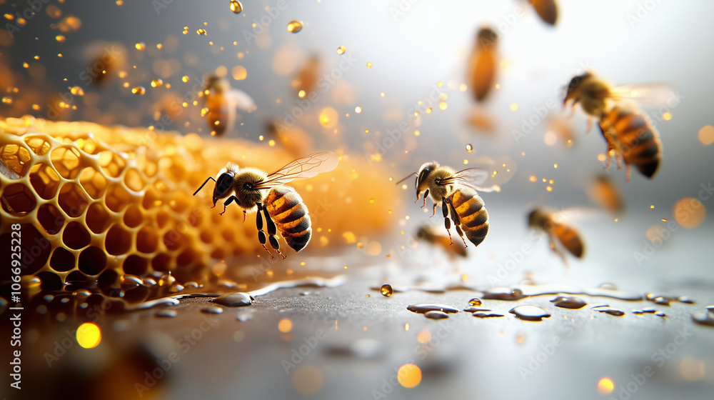 Poster bees swarming around a complex honeycomb structure with golden honey drops, on a white background wi
