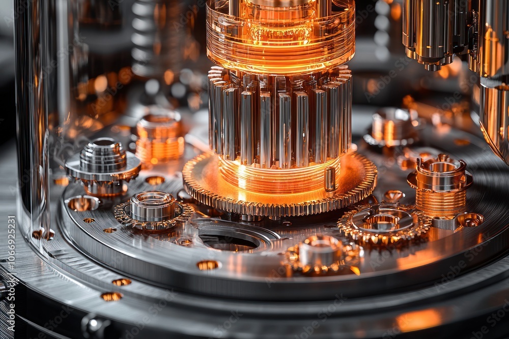 Poster close-up of a complex mechanical gear system with glowing orange illumination