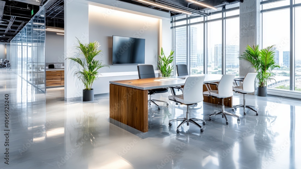 Poster a dynamic open office layout showcasing a mix of private and collaborative areas, ideal for branding