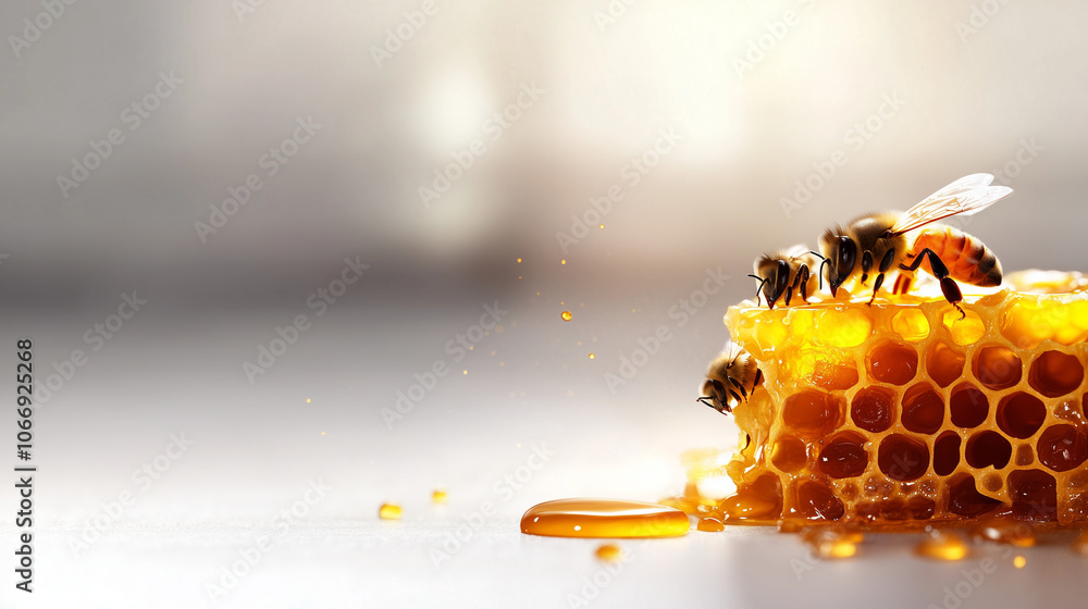 Poster bees swarming around a complex honeycomb structure with golden honey drops, on a white background wi