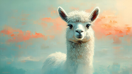 Fototapeta premium A charming llama gazes serenely against a pastel sky, embodying tranquility and beauty in a soft, dreamlike atmosphere.