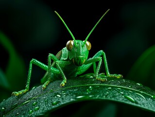 Green grasshopper sitting on a leaf with water droplets, isolated on a dark background.