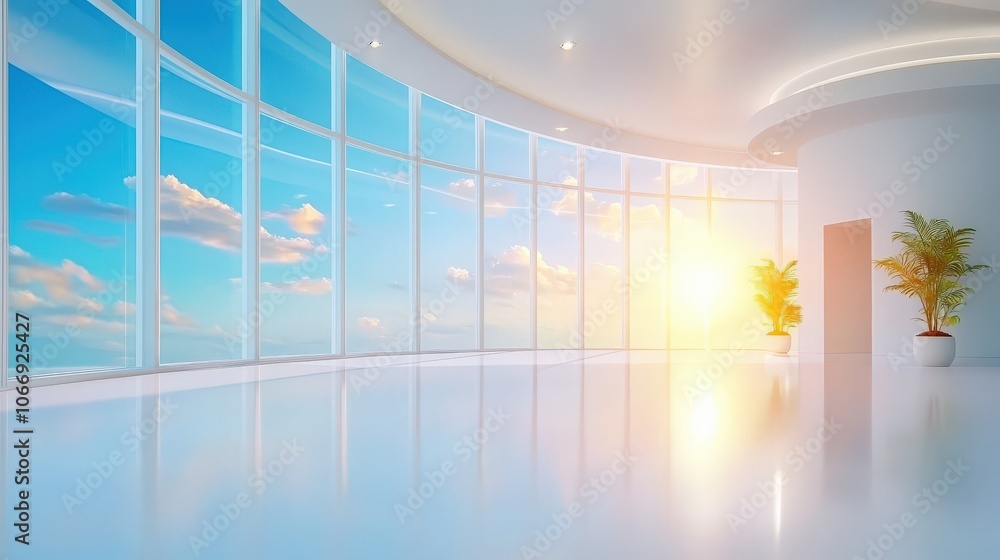 Poster a bright office background featuring large windows that flood the space with natural light, creating