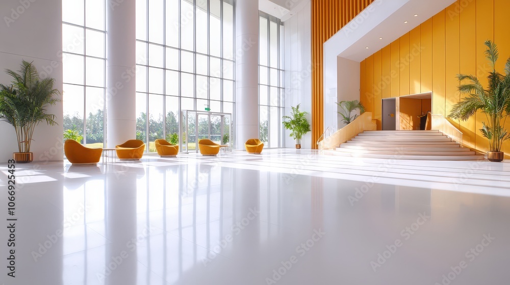 Poster a bright office background featuring large windows that flood the space with natural light, creating