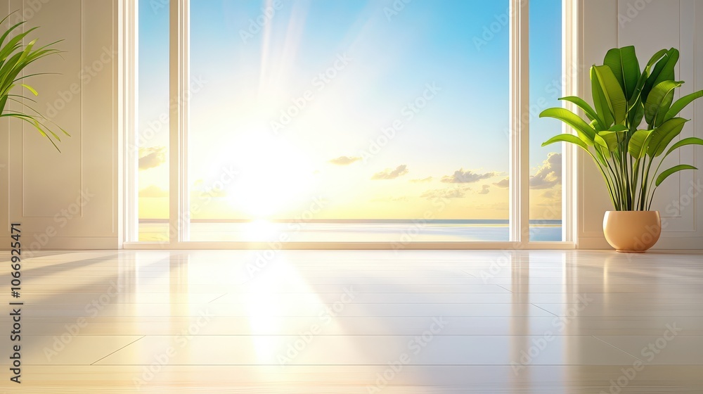 Poster a bright office background featuring large windows that flood the space with natural light, creating