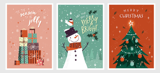 Lovely hand drawn christmas cards, cute design with hand lettering and lovely illustrations - vector design