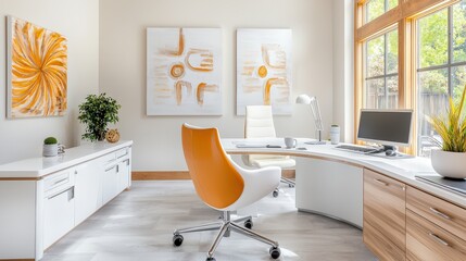 Fototapeta premium An inviting office environment with bright accents, modern decor, and ample sunlight, perfect for promoting positivity and collaboration in a contemporary workspace.