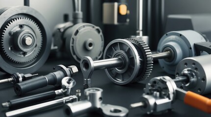 Close-up of assorted mechanical components including gears, shafts, and connectors