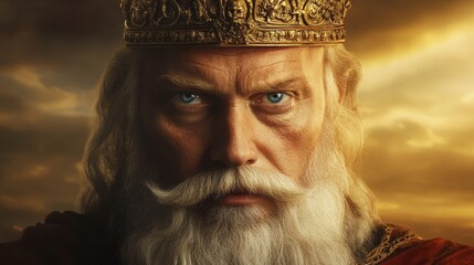 Fototapeta premium Portrait of majestic medieval king wearing golden crown with dramatic sky background