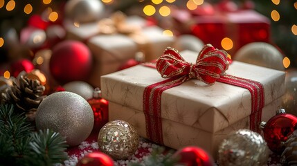 Festive gift box with a red ribbon among colorful holiday decorations.