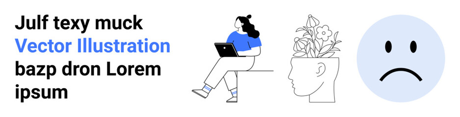 Young woman using a laptop, head-shaped plant pot with blooms, blue sad face with dark eyes and frown. Ideal for brainstorming, mental health, remote work, productivity, creativity, emotions. Landing