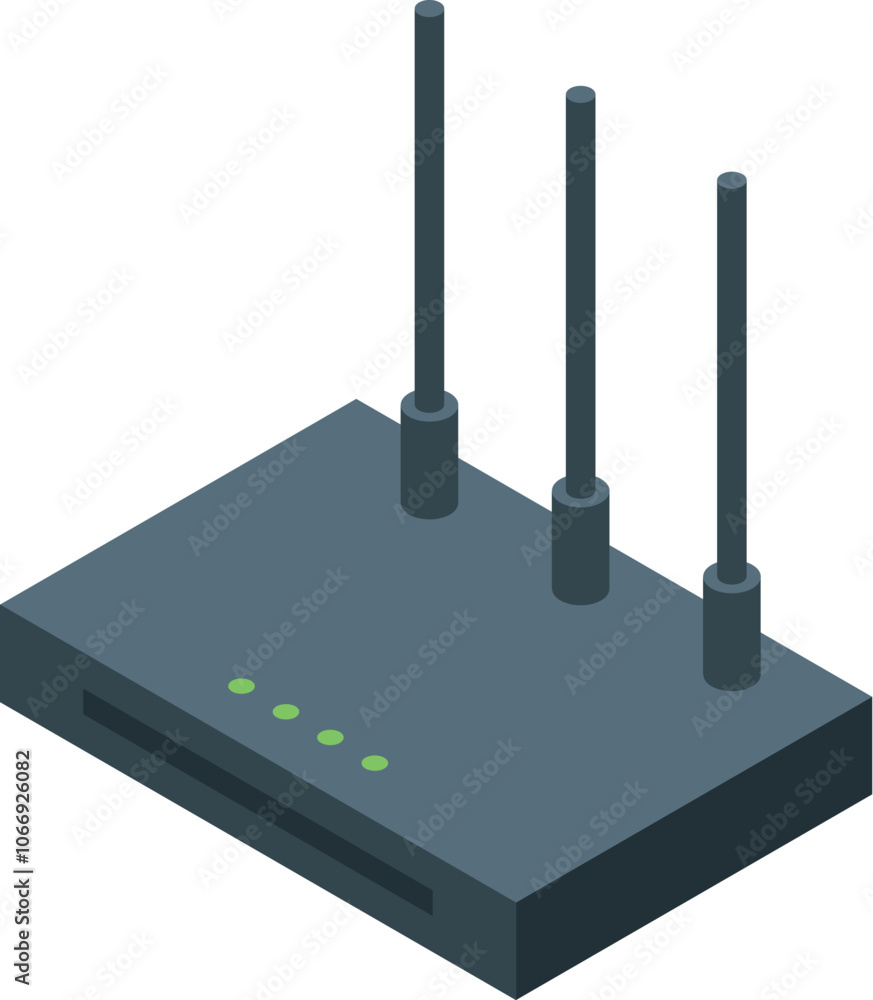 Poster isometric view of a wireless router providing internet connectivity, featuring three antennas and in