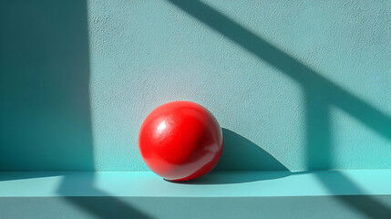 A vibrant red ball rests against a textured turquoise background, casting distinct shadows that create a striking visual contrast.
