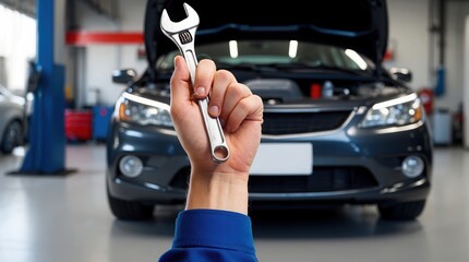 Hand holding silver wrench in automotive garage with open hood of gray car in background