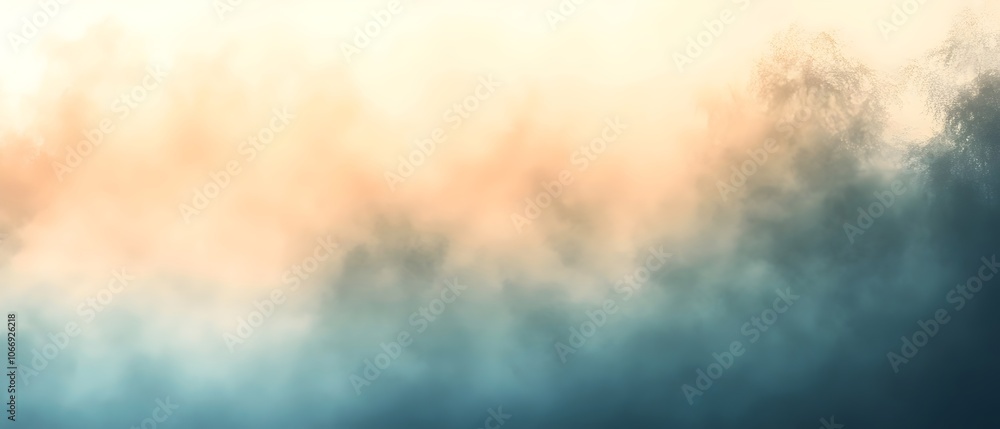 Poster a serene landscape featuring a soft gradient of fog transitioning from warm oranges to cool blues, c