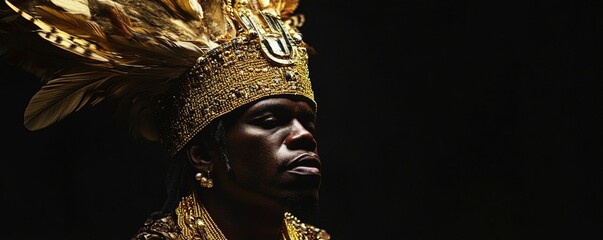 Majestic african king wearing golden headdress and jewelry