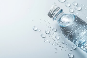 Clear water bottle with droplets on a light background, refreshing hydration concept.