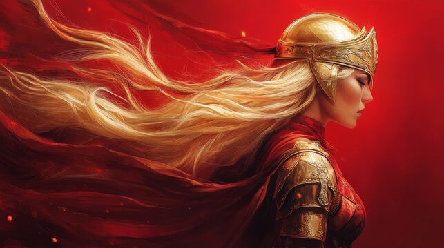 Blonde warrior queen wearing golden helmet and armor with flowing hair and red cape on red background