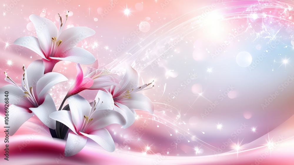 Poster a charming pink and white background featuring soft floral patterns, creating a romantic and invitin