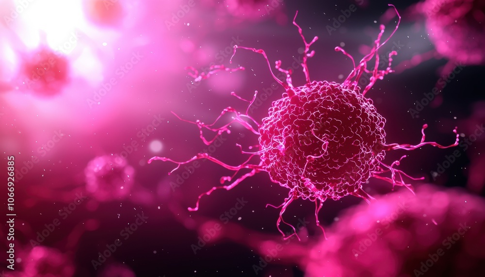 Aufkleber close-up view of a pink virus under a microscope, illuminated with soft focus background.