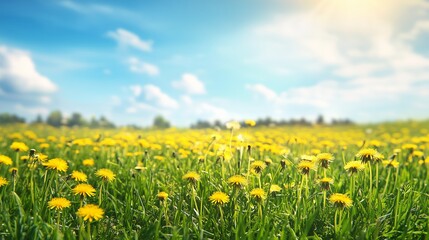 Naklejka premium A vibrant field of dandelions under a bright blue sky on a sunny spring day, showcasing nature’s beauty and lush greenery