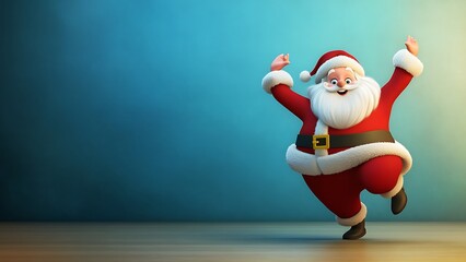 Joyful Cartoon Santa Claus Jumping with Arms Raised - Cheerful Christmas Holiday Illustration on Colorful Background