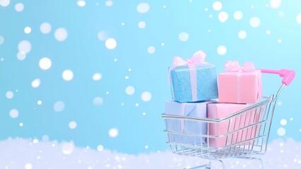 Shopping Cart Filled with Gift Boxes in Pastel Colors on Snowy Blue Background - Festive Holiday Shopping Concept
