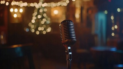 Close-Up of a Microphone on a Stand in a Soundproof Recording Studio, Positioned in Front of a Script Stand, Symbolizing Voice Acting and Audio Production