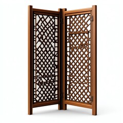 Wooden decorative folding screen, intricate lattice design, white isolate background