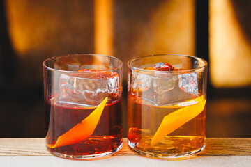 Assortment of alcoholic cocktails on the bar counter, nightlife, parties, holidays.