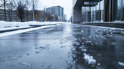A cold winter scene of an icy sidewalk approaching a building entrance, with a few scattered snowflakes and the ground reflecting a chilly gray sky.
