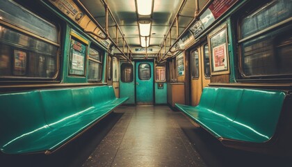 Fototapeta premium Interior view of a train car with green seating during an empty commute