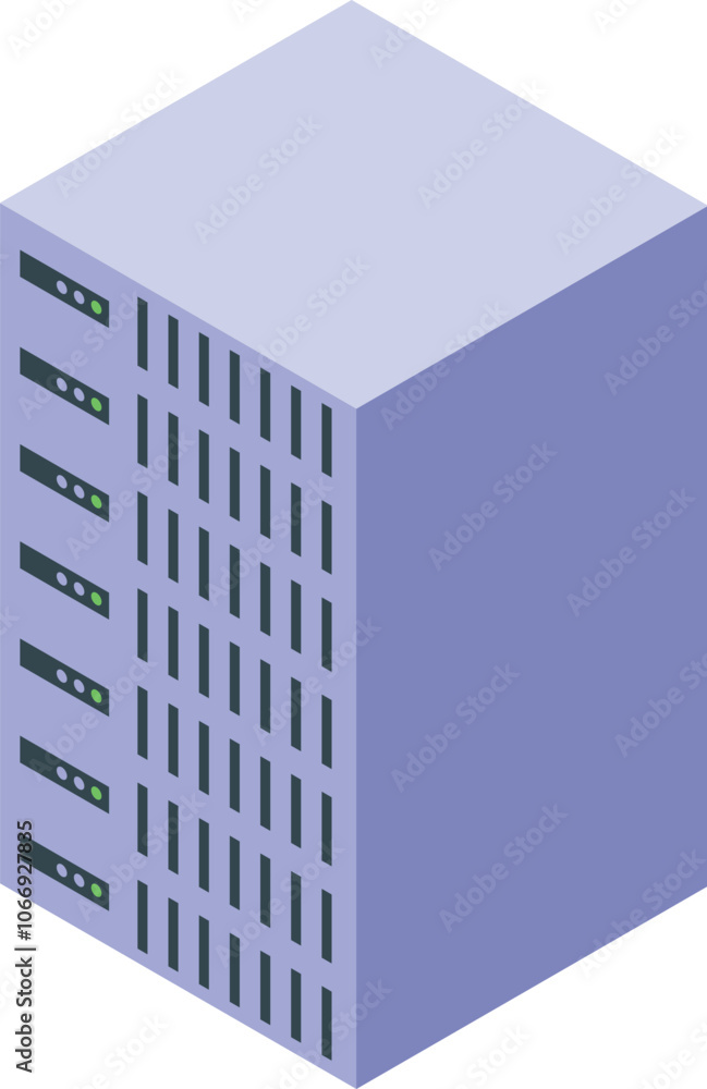 Poster server rack processing and storing website data in modern data center, isometric projection