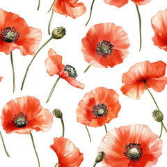 Fototapeta premium Floral watercolor seamless pattern print hand painting with poppies abstract flowers, leaves and plants, design texture. Tile Seamless watercolor floral poppy pattern for textiles, stationery