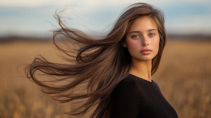 Fototapeta premium A young woman with long, flowing hair stands in a field, capturing a natural, free-spirited atmosphere against a scenic, rural backdrop